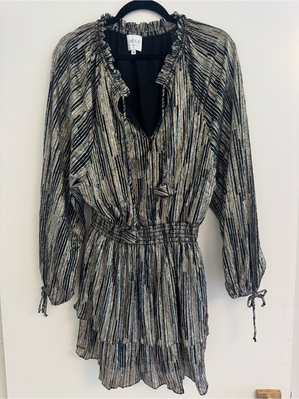 Misa Los Angeles Black and Gold Metallic Striped Long Sleeve Tunic Dress